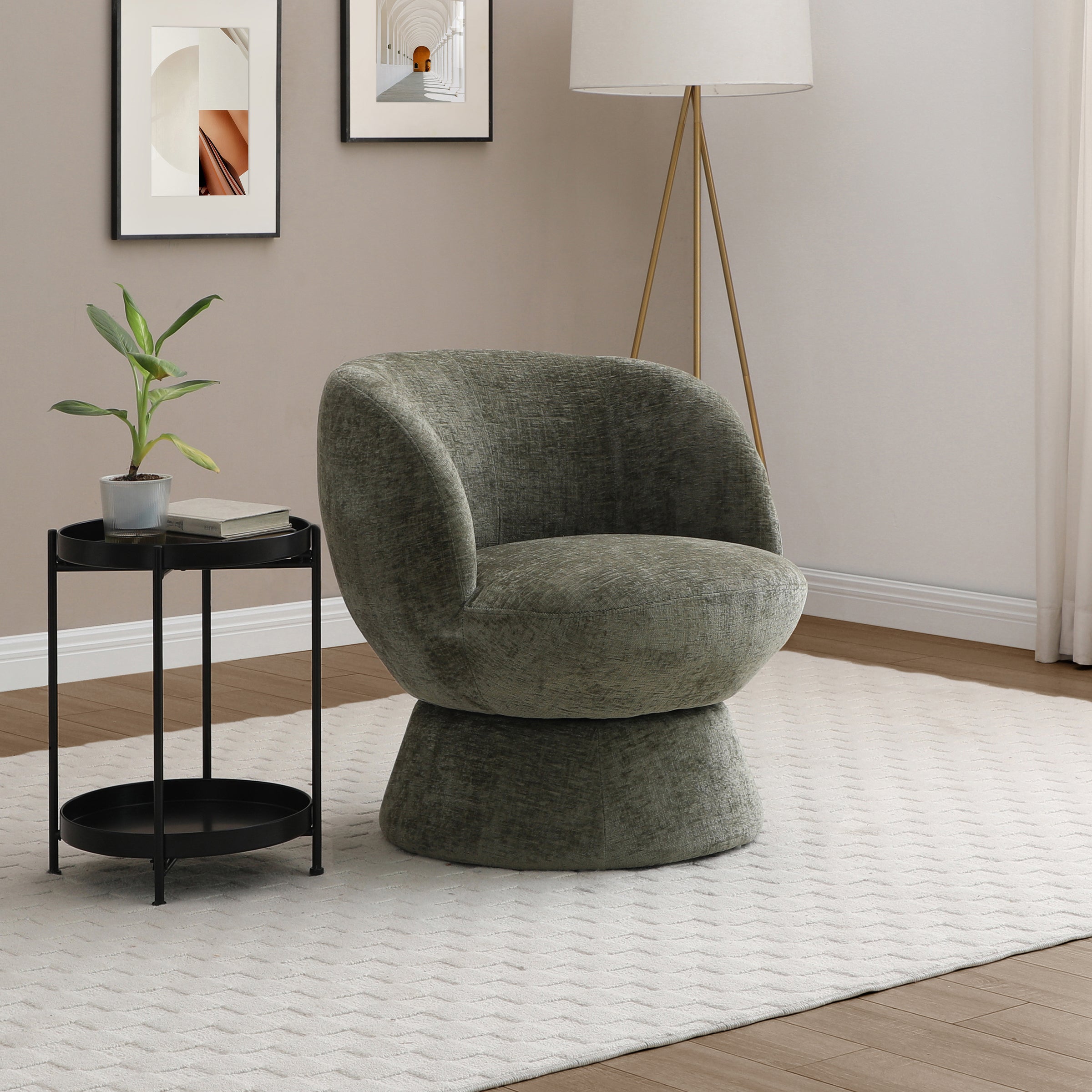 Tulip Chenille Curved Swivel Accent Chair Olive