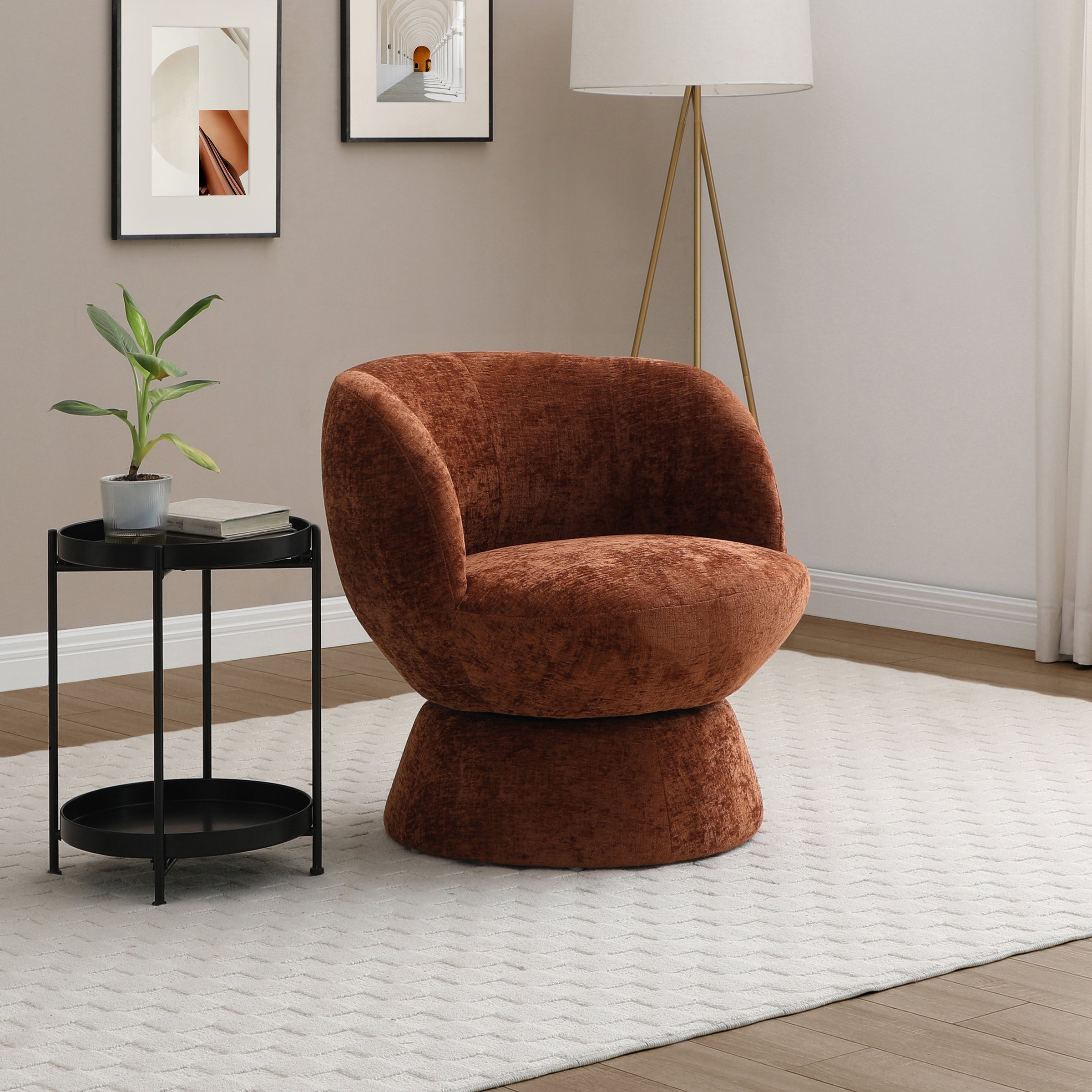 Tulip Chenille Curved Swivel Accent Chair Orange