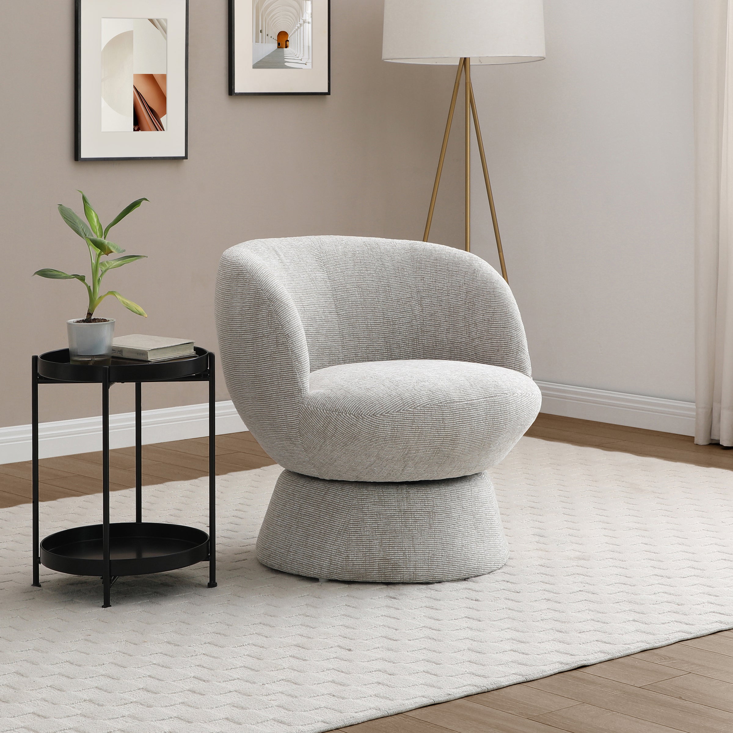 Tulip Chenille Curved Swivel Accent Chair Natural