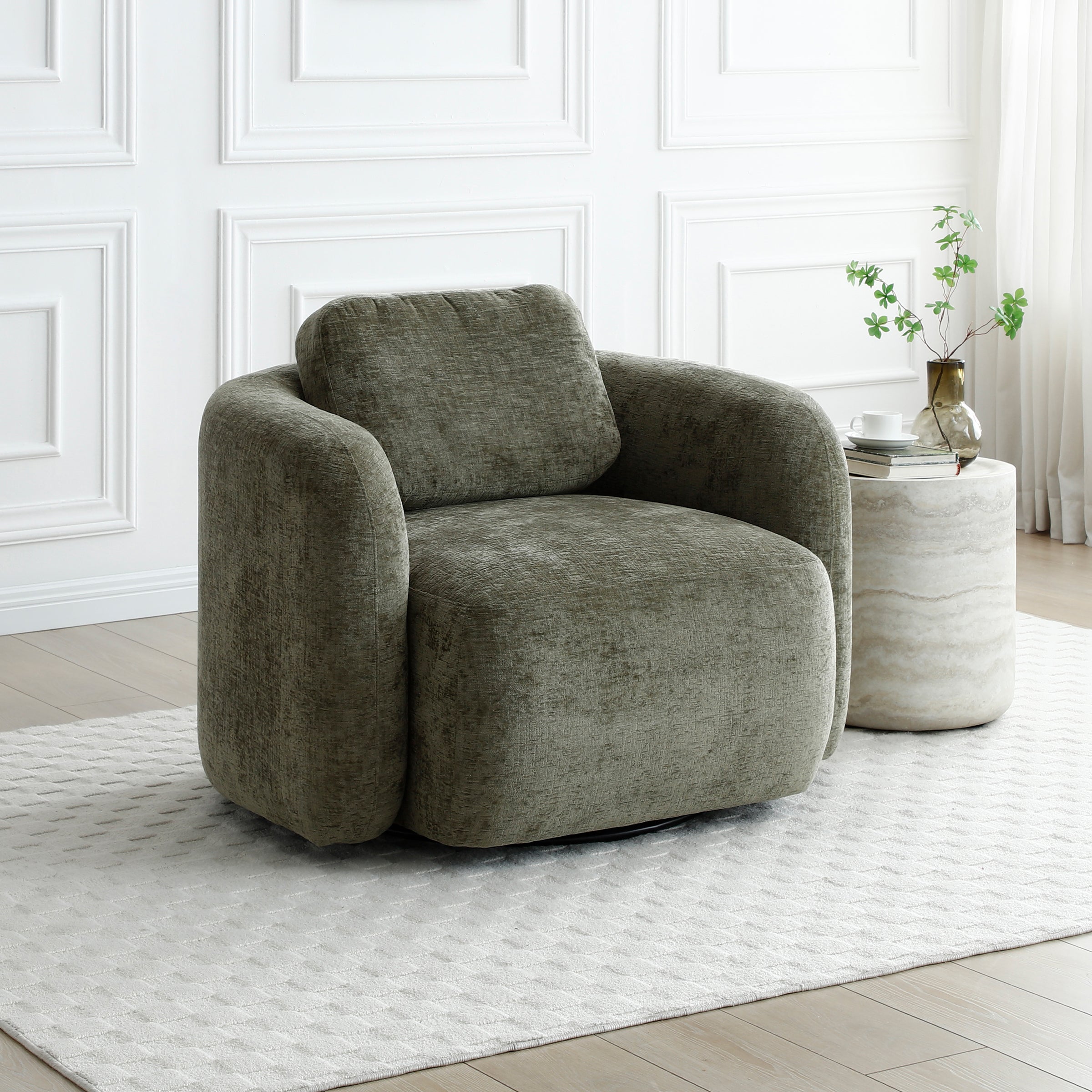 Max Olive Distressed Chenille Curved Swivel Accent Chair