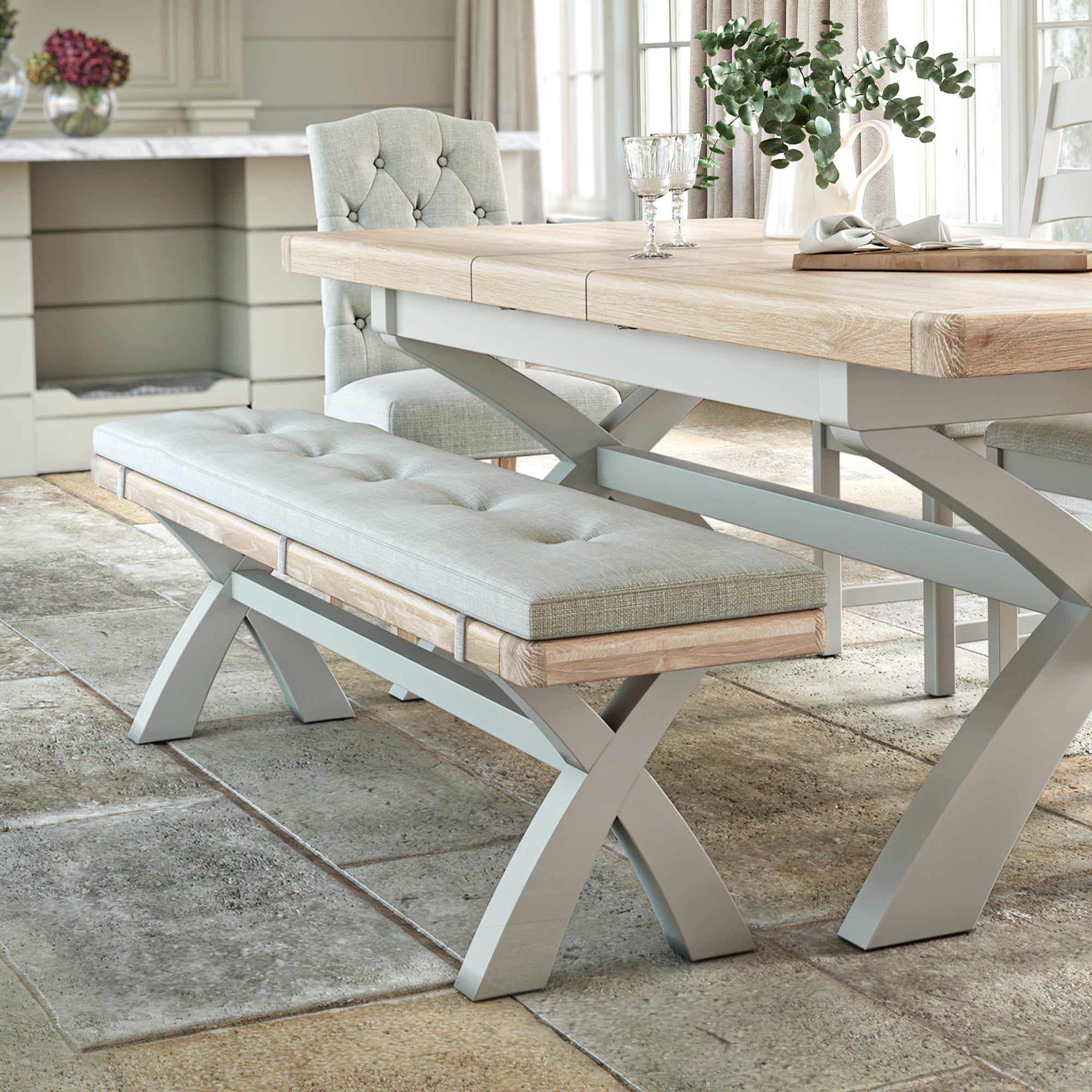 Salcombe Cross Leg Dining Bench Oak Stone