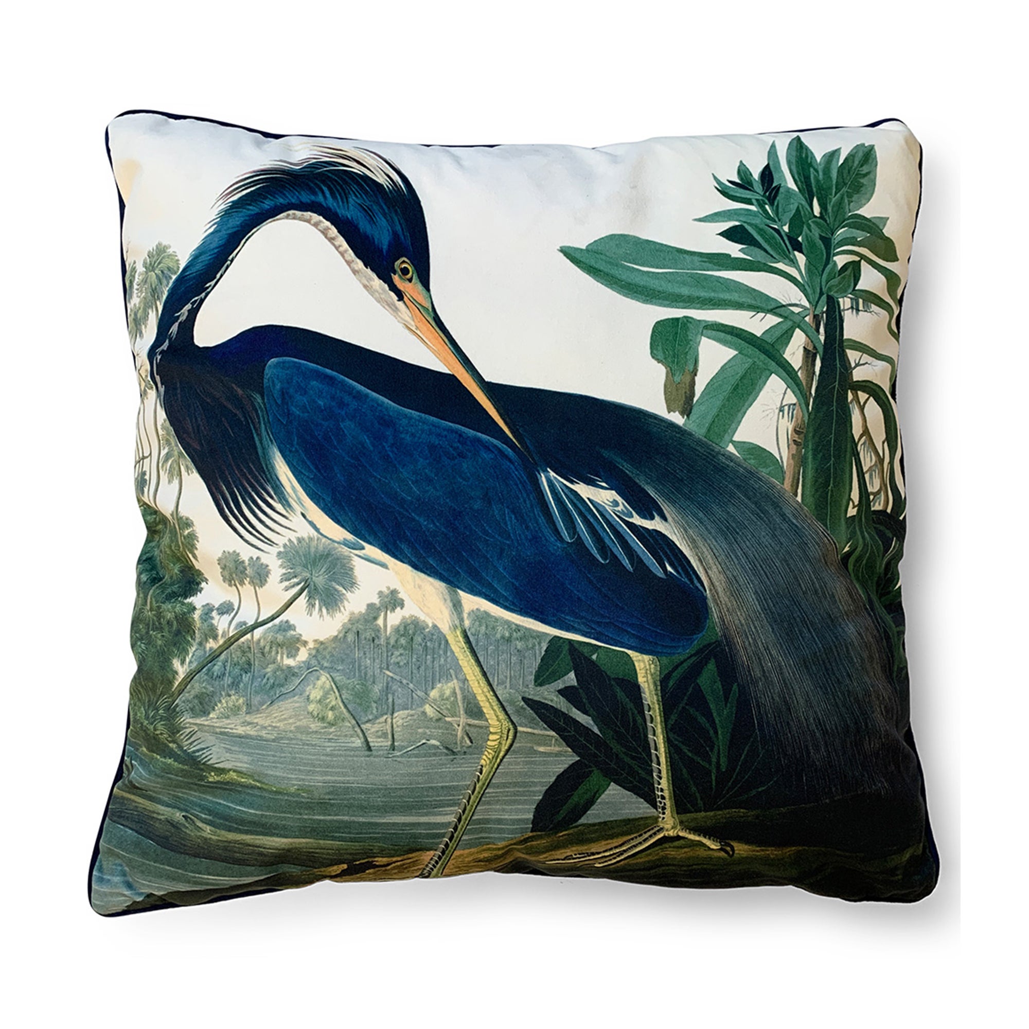 John James Audubon Louisiana Heron Velvet Square Cushion Blue