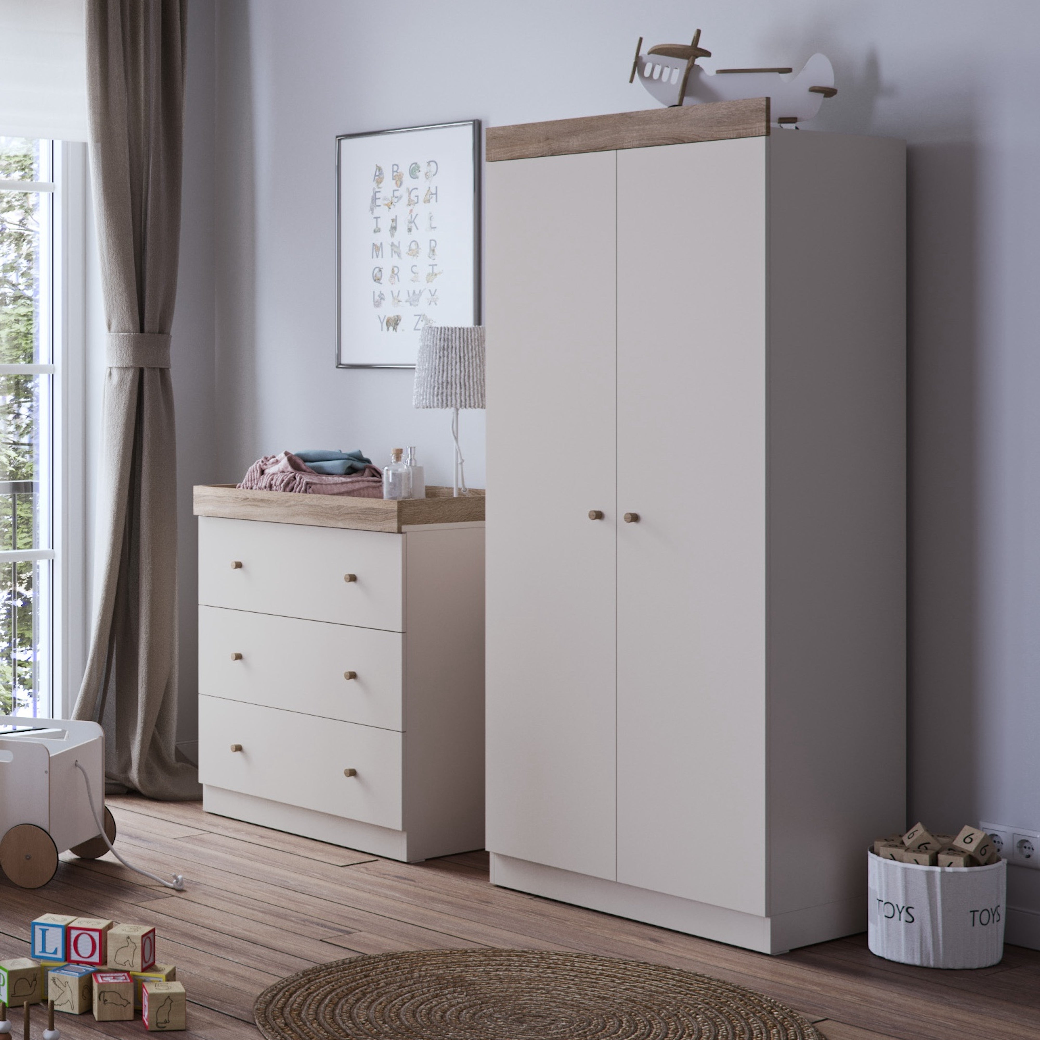 Little Acorns Burlington 3 Drawer Chest And Wardrobe Nursery Set Cashmere And Truffle Oak