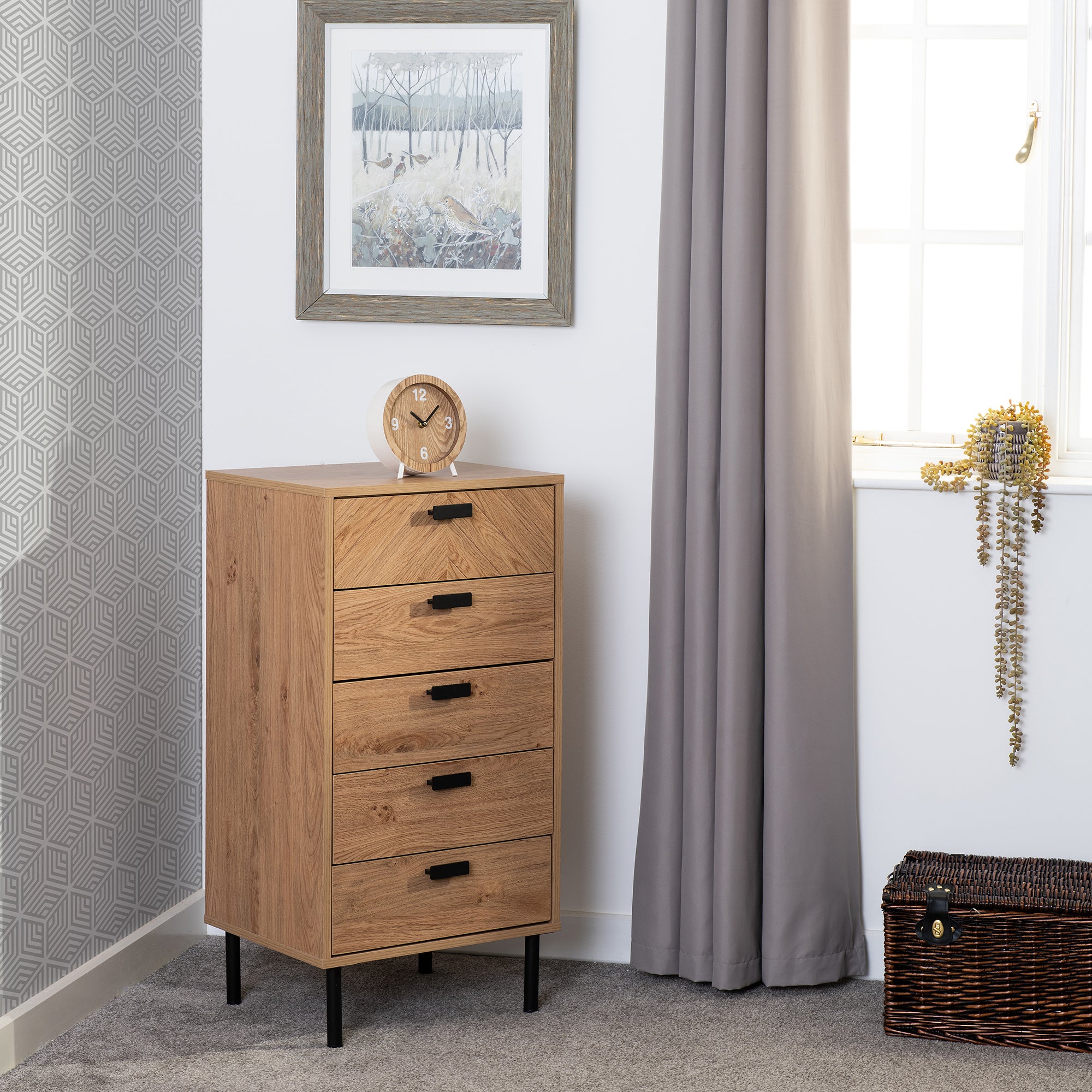 Barker 5 Drawer Narrow Chest Oak Effect Oak