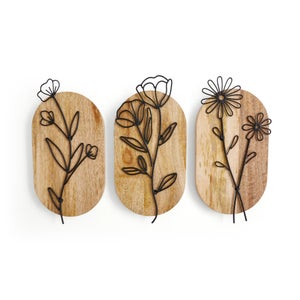 Set Of 3 Floral Mango Wood & Wire Wall Art