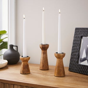 Set Of 3 Mango Wood Candle Holders