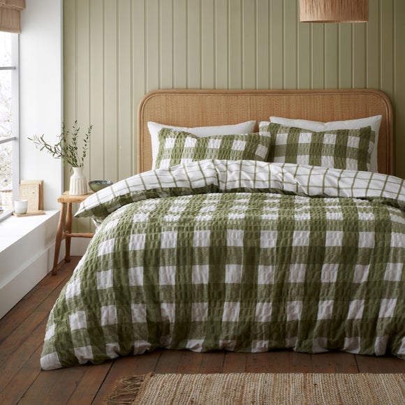 Catherine Lansfield Olive Gingham Seersucker Duvet Cover And Pillowcase Set