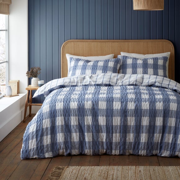 Catherine Lansfield Blue Gingham Seersucker Duvet Cover And Pillowcase Set