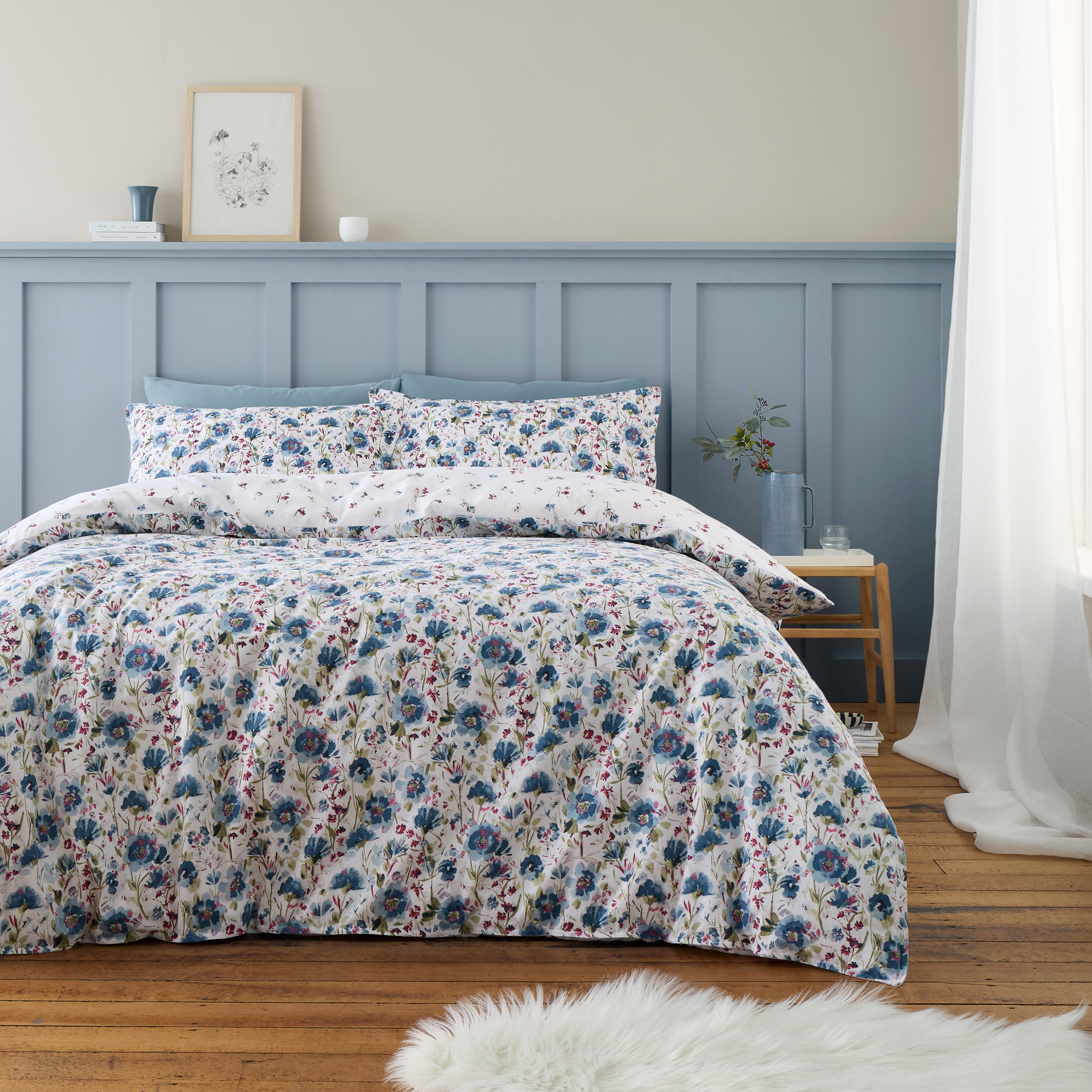 Bianca Ophelia Floral 100 Brushed Cotton Duvet Cover And Pillowcase Set Blue