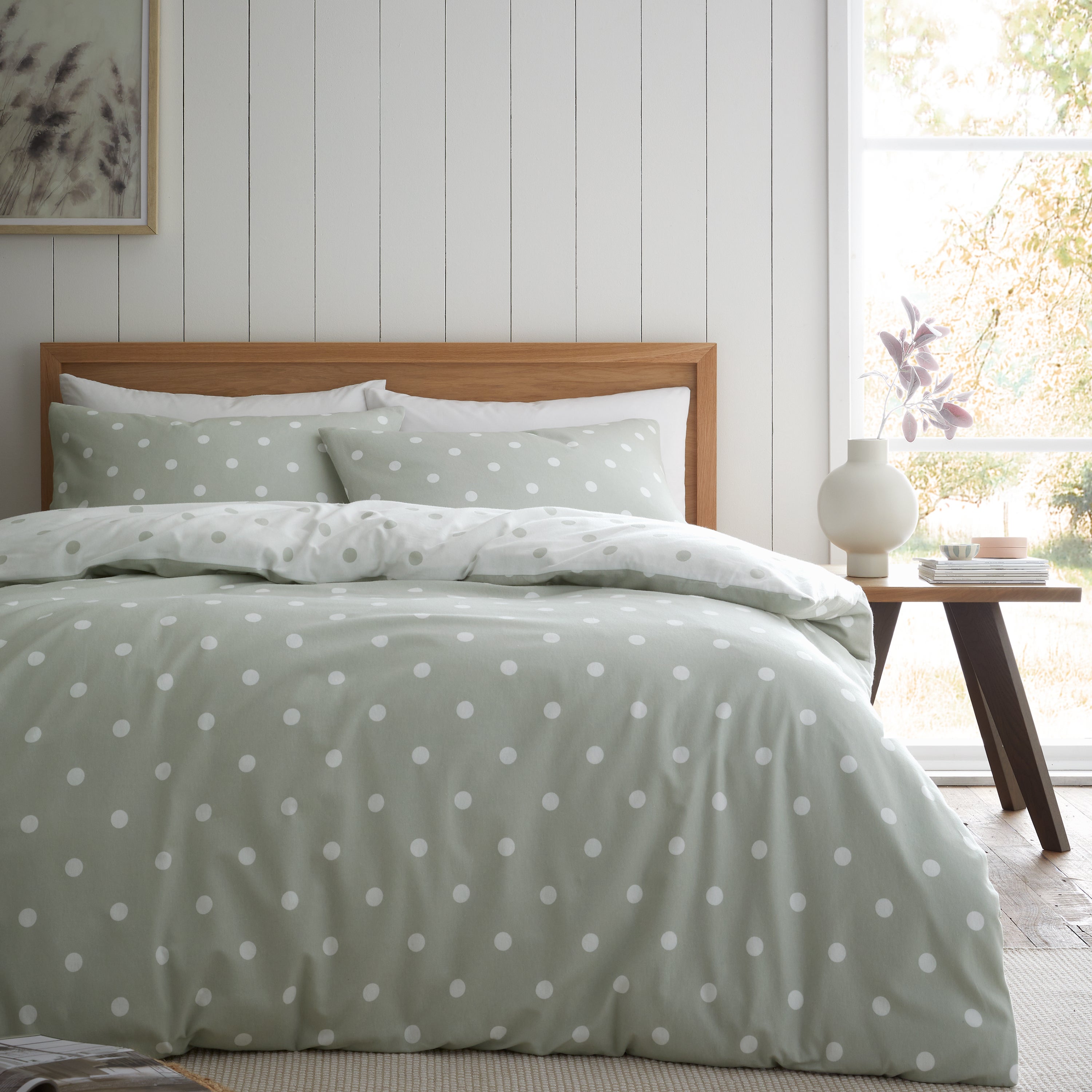 Catherine Lansfield Polka Dot 100 Brushed Cotton Duvet Cover And Pillowcase Set Green