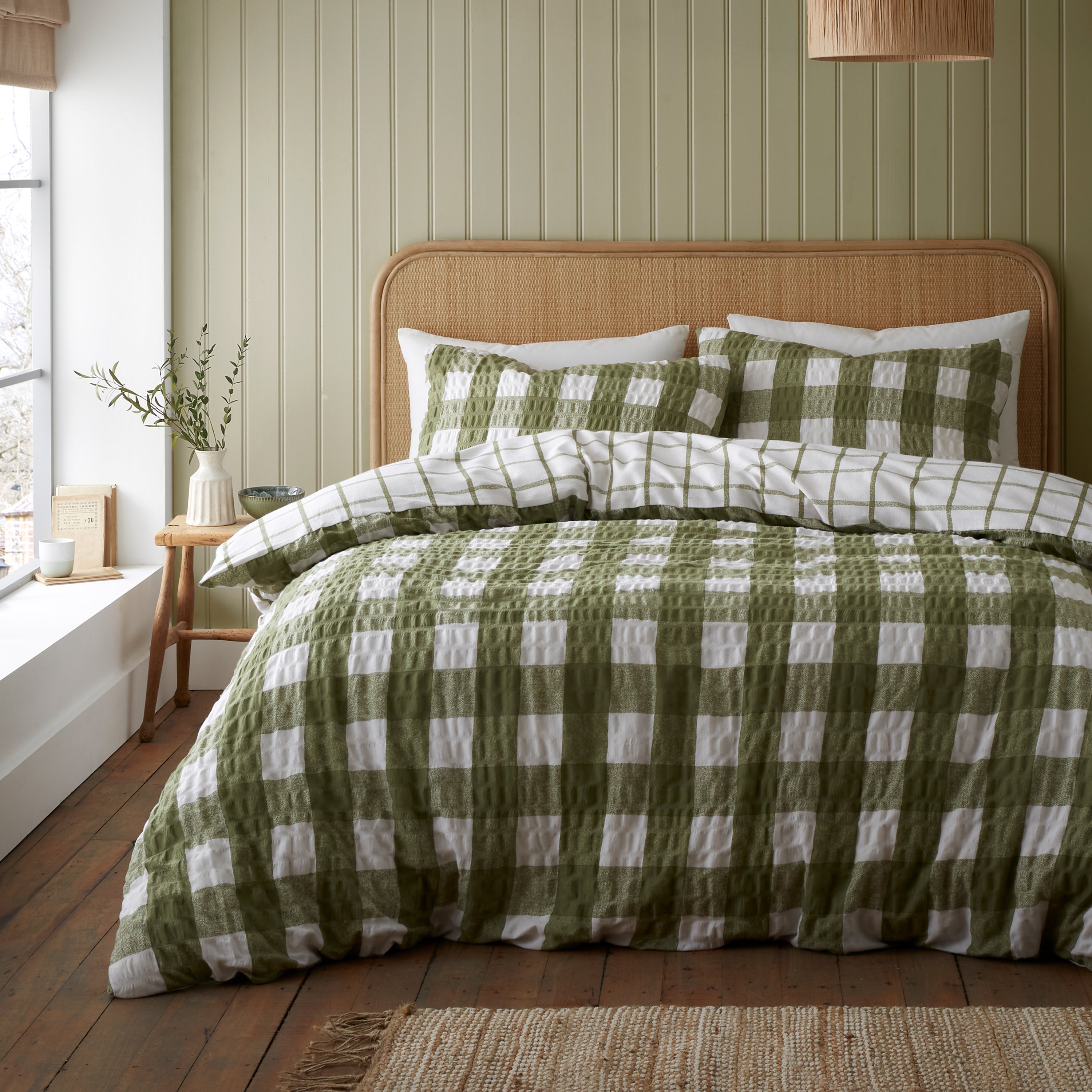 Photos - Bed Linen Catherine Lansfield Olive Gingham Seersucker Duvet Cover and Pillowcase Se 