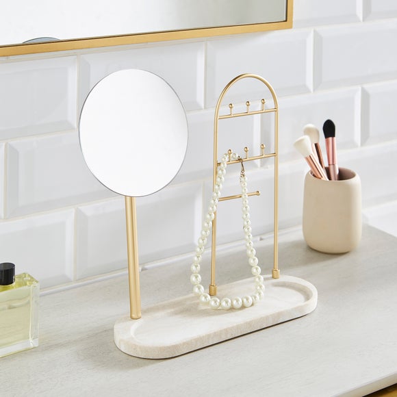 Freestanding Marble Round Dressing Table Mirror With Jewellery Storage