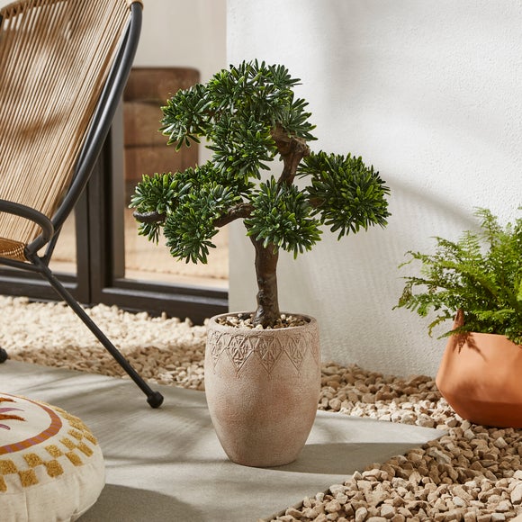 Artificial Green Pine Bonsai Tree In Rustic Natural Plastic Plant Pot