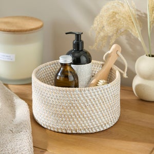 The Edited Life Rattan Round White Wash Laundry Basket