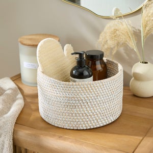 The Edited Life Rattan Round White Wash Laundry Basket