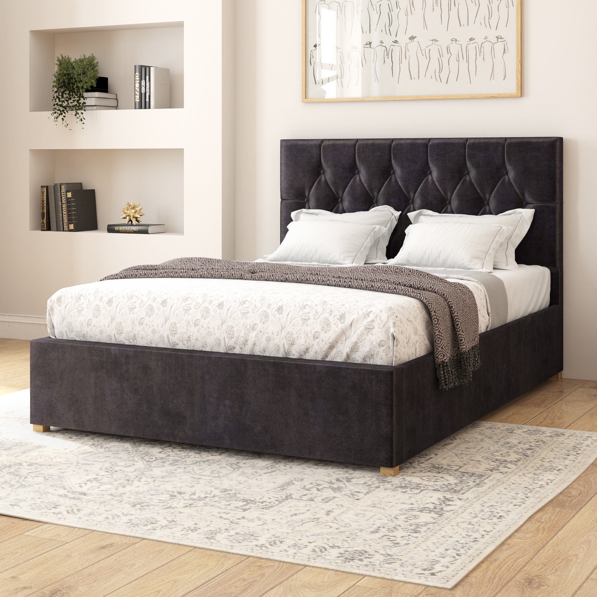 Olivier Plush Velvet Adjustable Bed Ebony Velvet