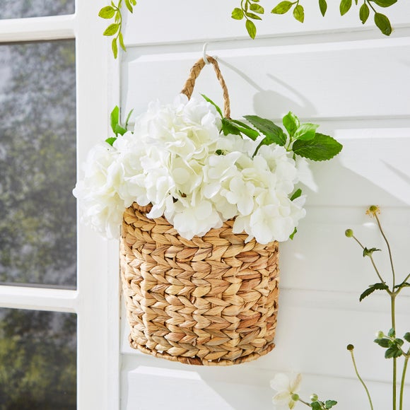 Click to view product details and reviews for Artificial White Hydrangea In Hanging Basket.