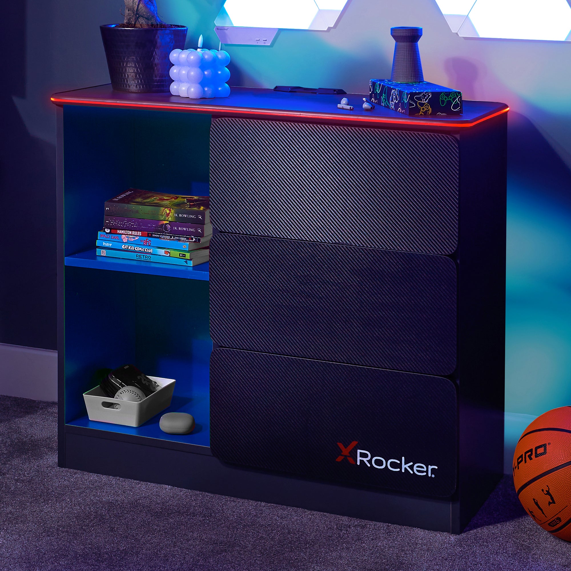 X Rocker Black Carbon Tek Chest Of Drawers With Neo Fibre Led Blue