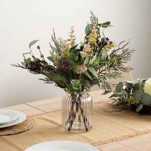 Artificial Eucalyptus Bouquet In Ribbed Glass Vase