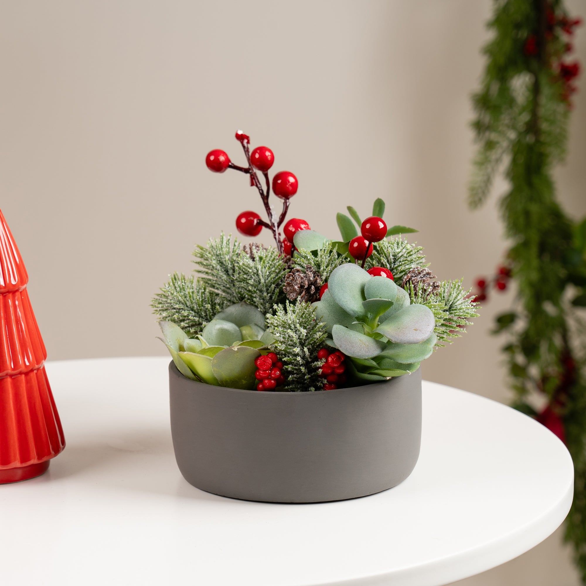 Artificial Christmas Succulents In Grey Cement Plant Pot Green