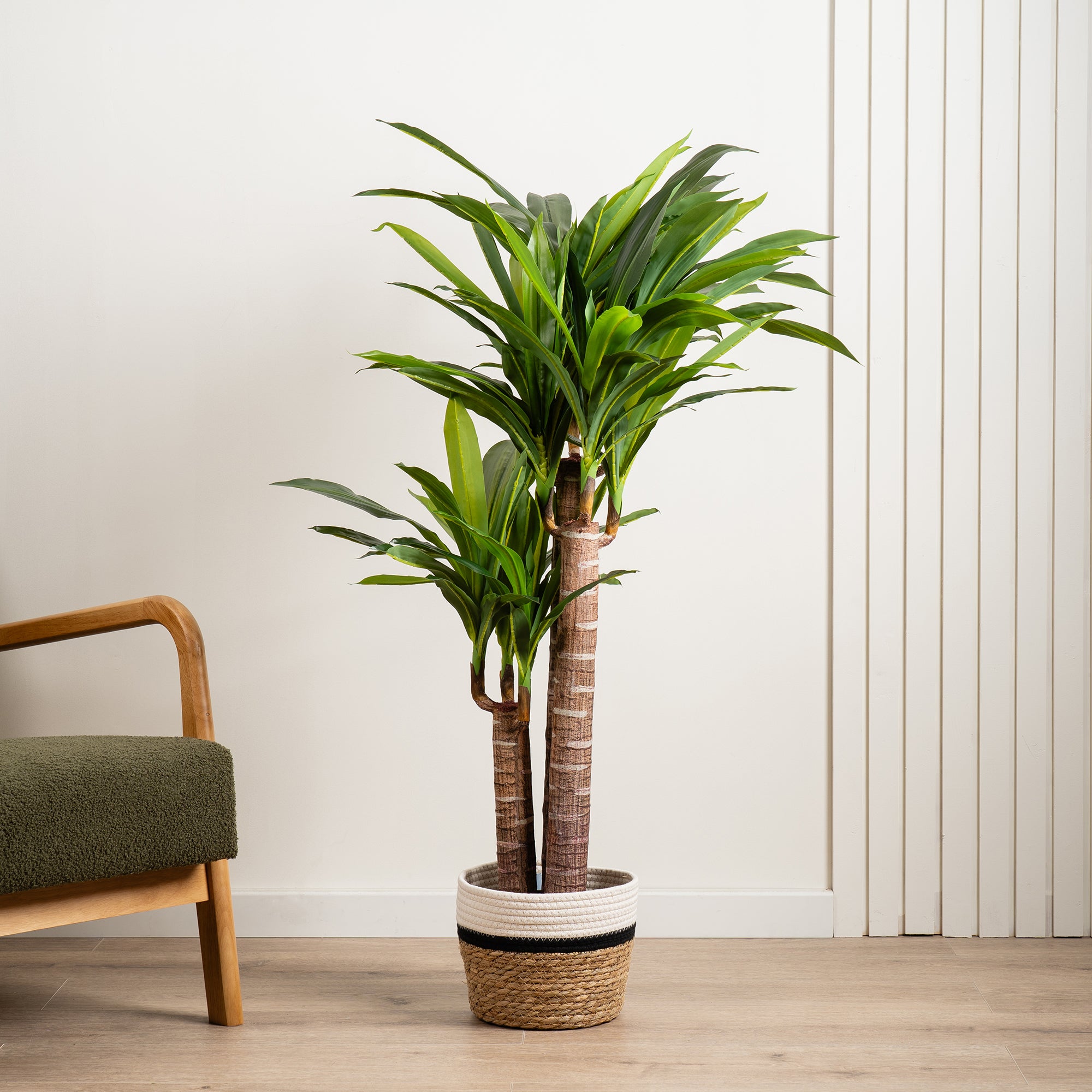 Artificial Triple Stem Yucca Tree In Black Plant Pot Green