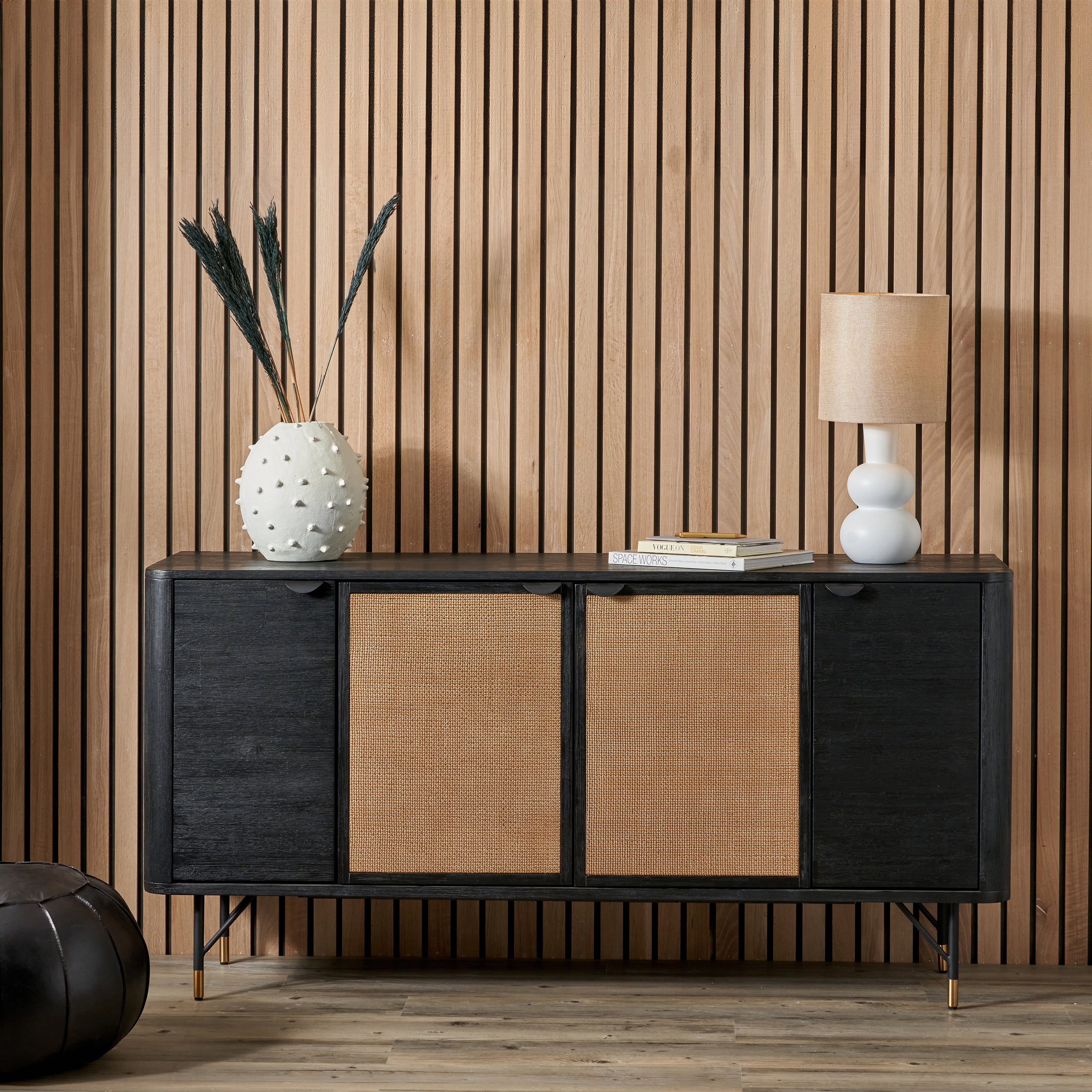 Fiji 4 Door Sideboard, Acacia Wood and Rattan Black