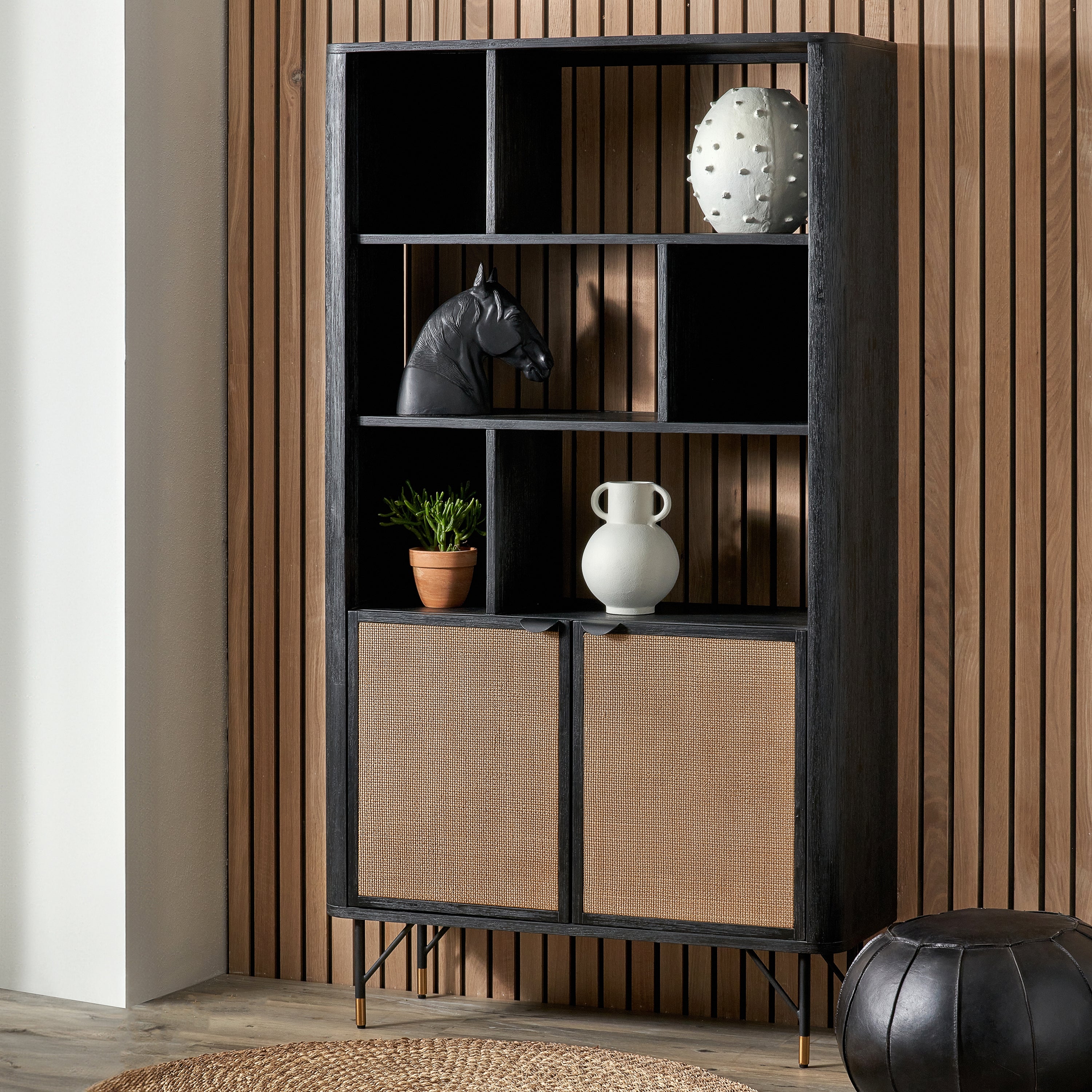 Fiji 2 Door Shelving Unit Acacia Wood And Rattan Black