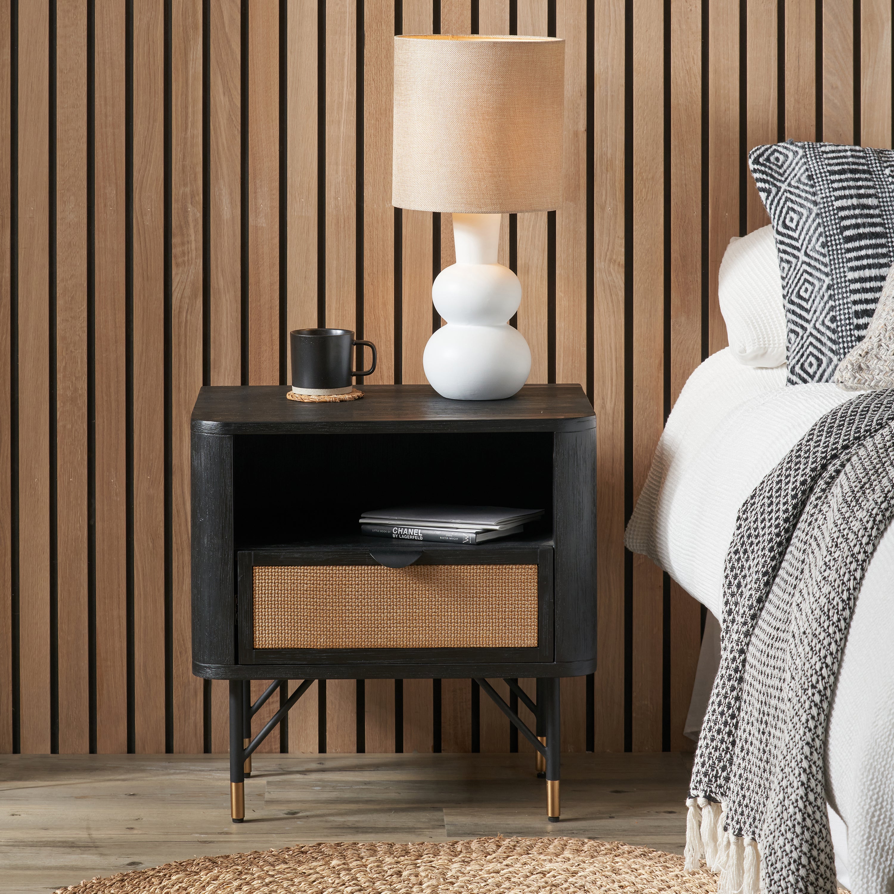 Fiji Bedside Table Acacia Wood And Rattan Black