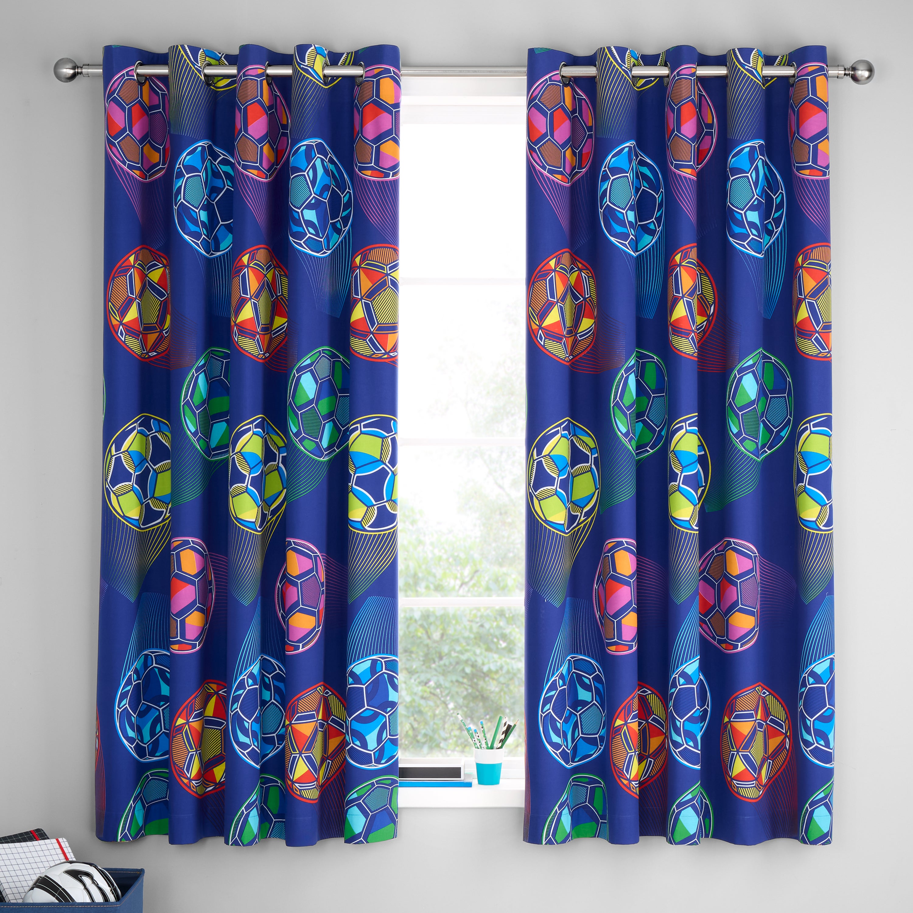 Photos - Curtains & Drapes Catherine Lansfield Bright Football Eyelet Curtains Navy  (Blue)