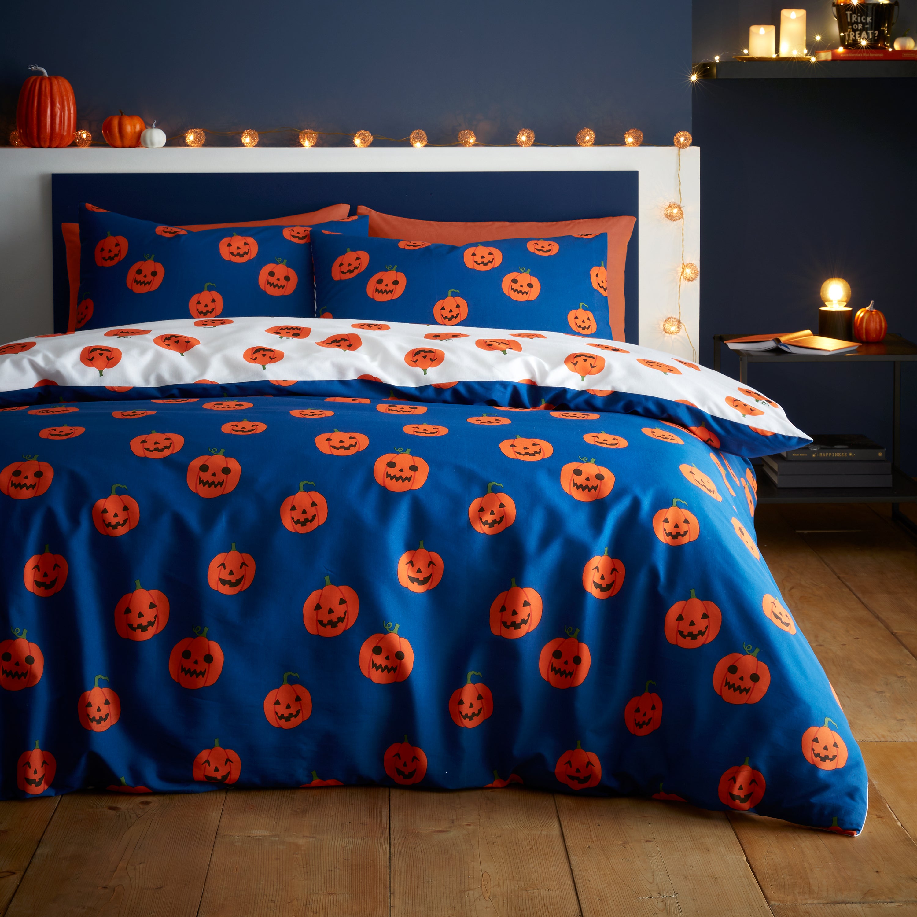 Catherine Lansfield Halloween Pumpkins Polycotton Duvet Cover And Pillowcase Set Navy Blue