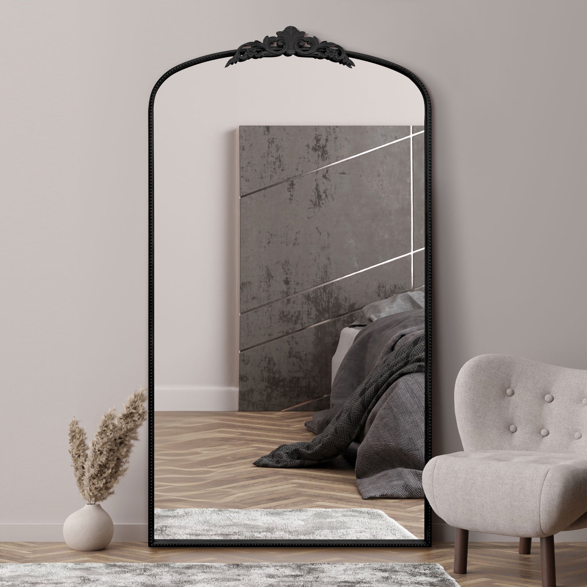 Crown Arched Full Length Wall Mirror Black