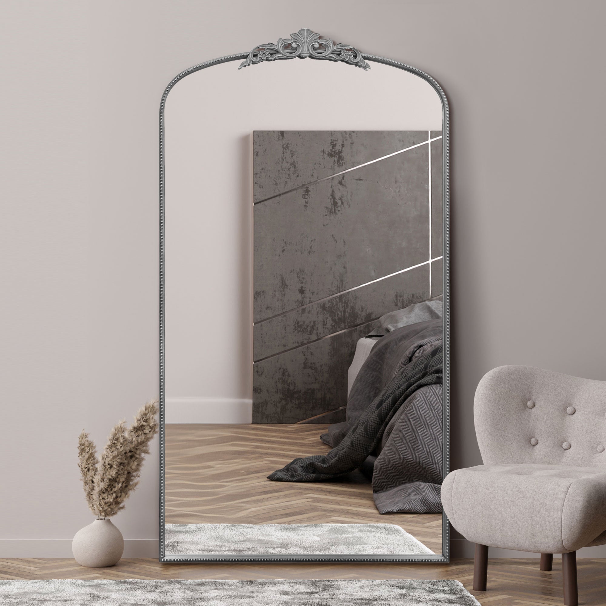 Crown Arched Full Length Wall Mirror Silver