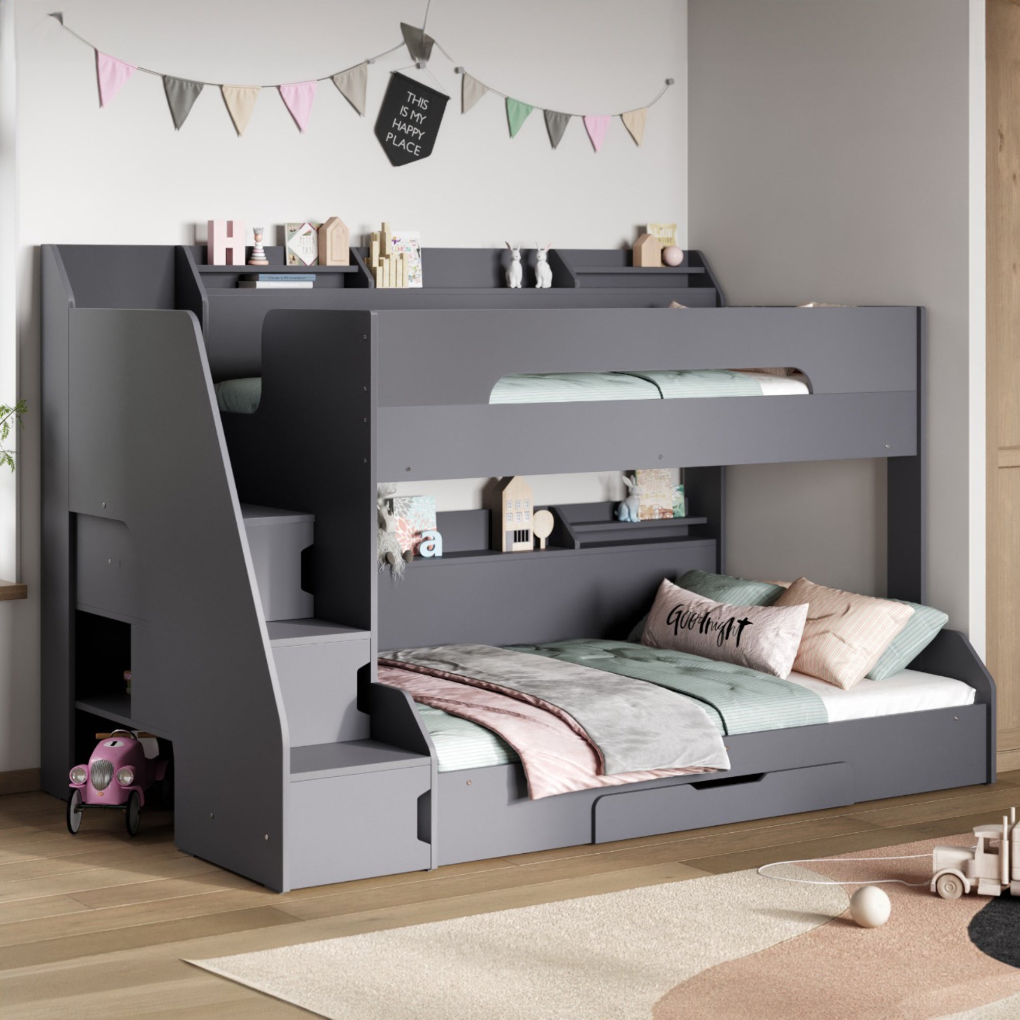 Slick Staircase Triple Bunk Bed Grey