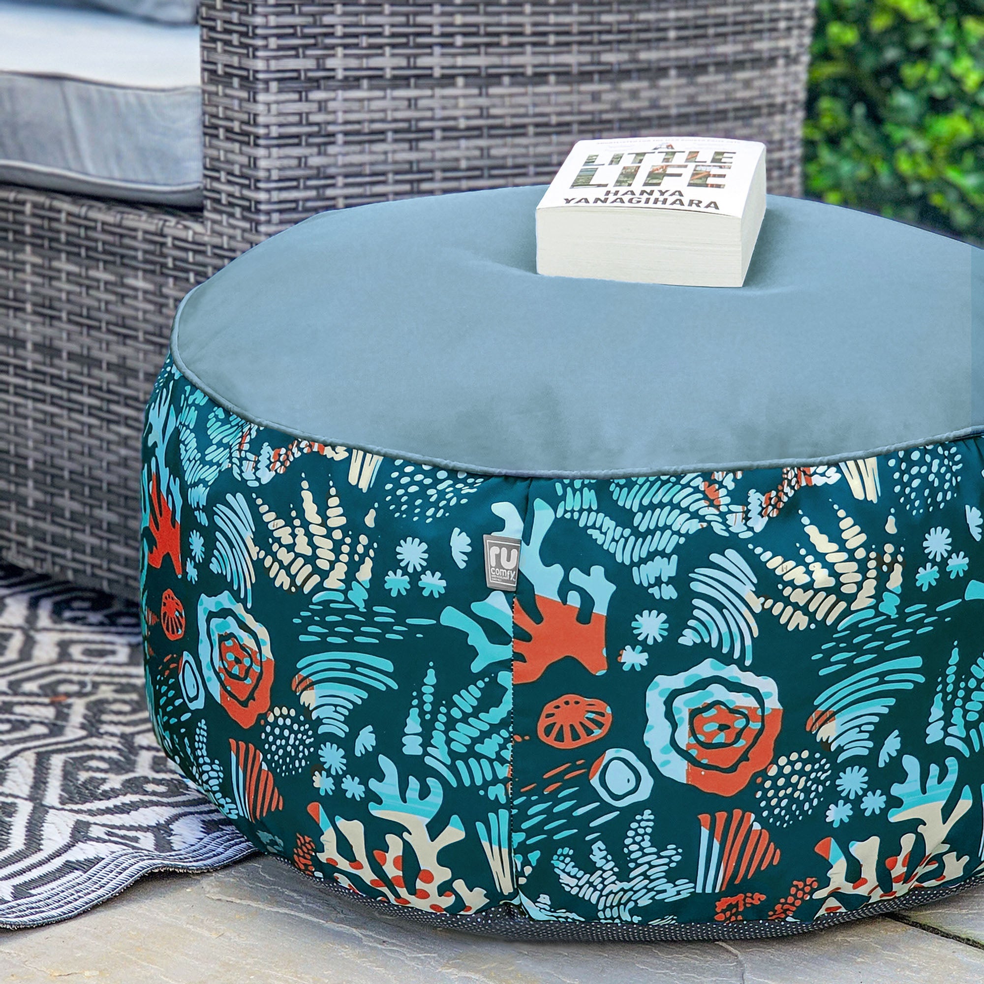 Rucomfy Sea Breeze Printed Drum Indoor Outdoor Pouffe Sea Breeze