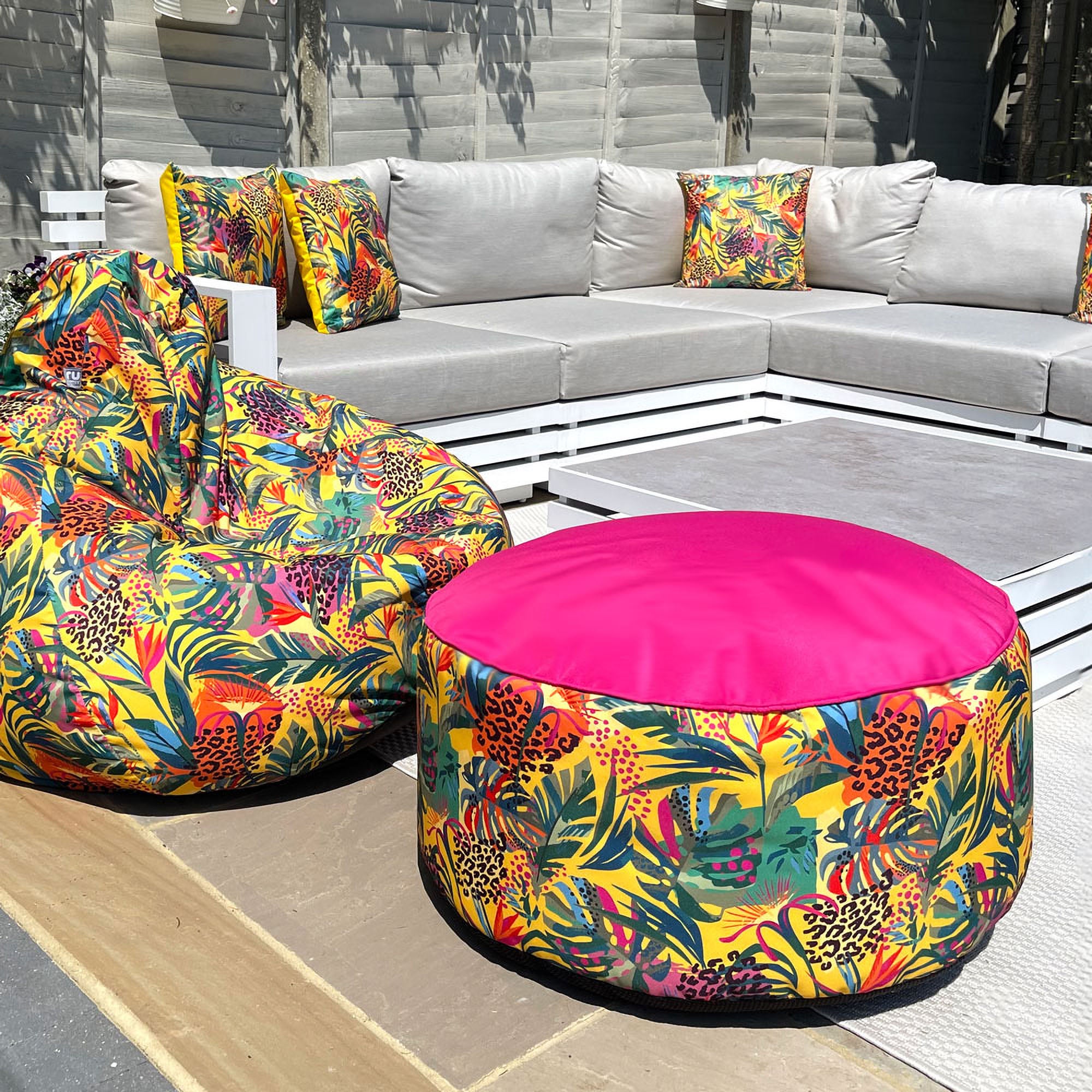 Rucomfy Abstract Tropics Printed Drum Indoor Outdoor Pouffe Yellow