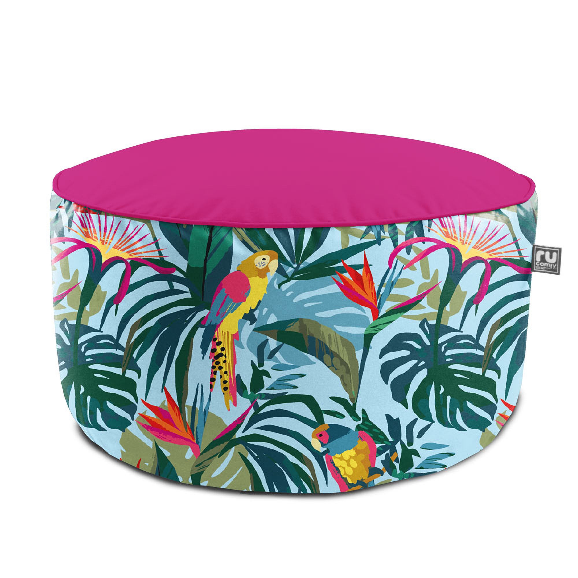 Rucomfy Jungle Birds Printed Drum Indoor Outdoor Pouffe Blue