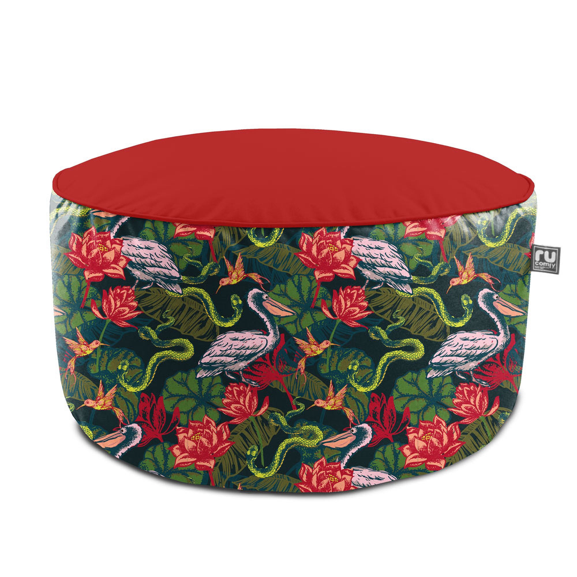 Rucomfy Tropical Pelican Printed Drum Indoor Outdoor Pouffe Green