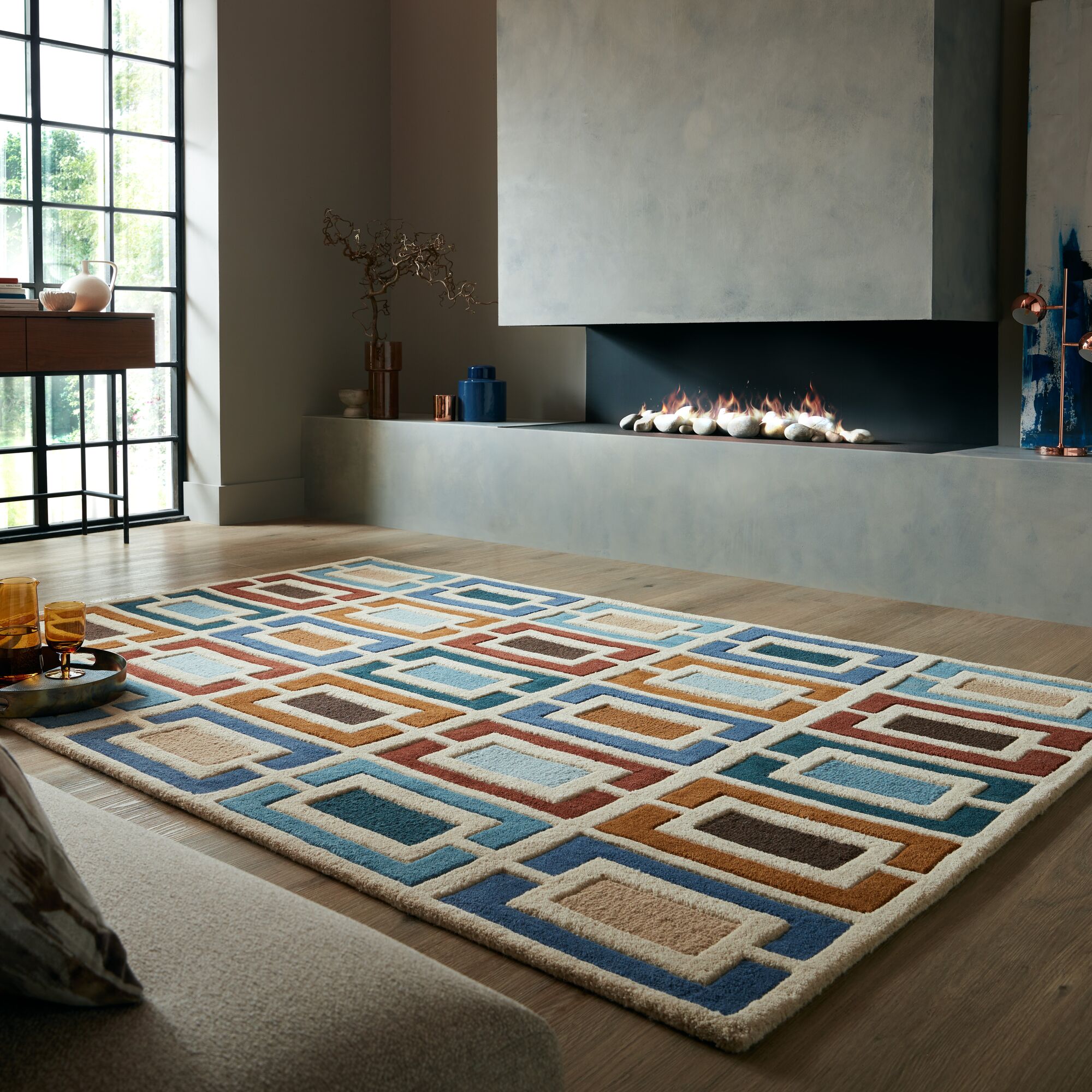 Retro Blocks Carved Wool Rug Blue