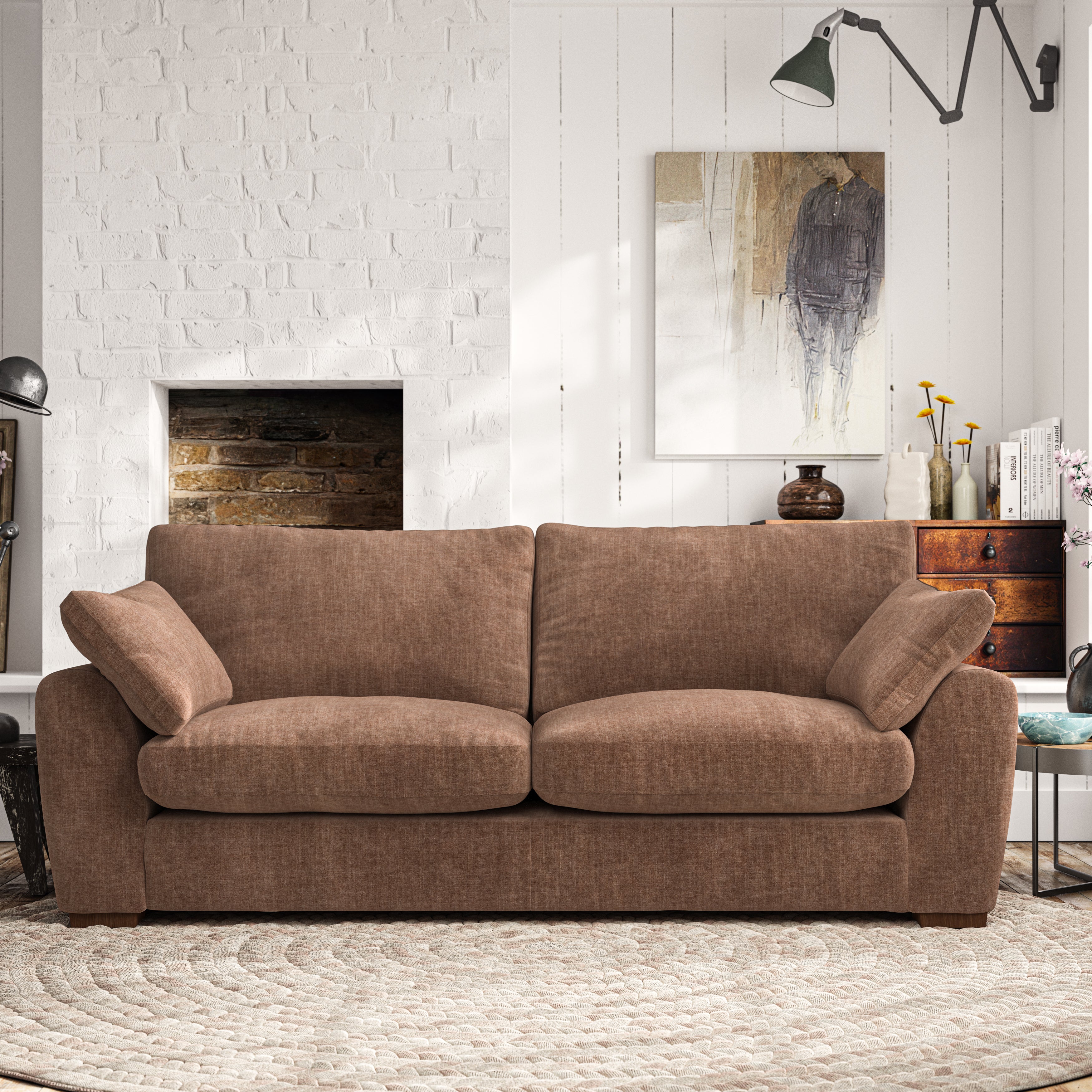 Madison Large 3 Seater Sofa Tonal Plush Chenille Soft Clay