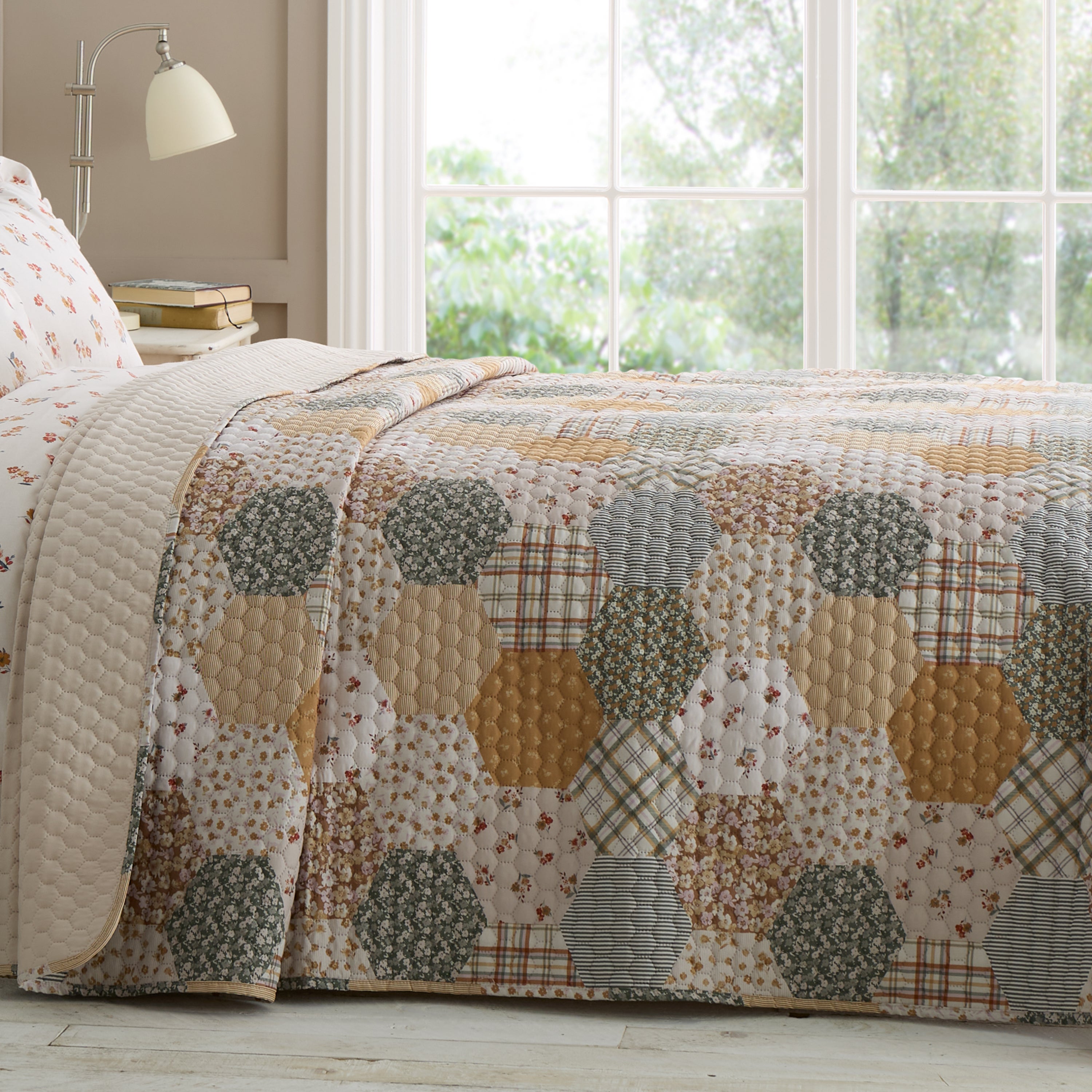 Catherine Lansfield Floral Patchwork Bedspread Natural