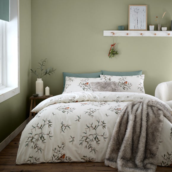 Catherine Lansfield Brushed Cotton Mistletoe Robins Duvet Cover And Pillowcase Set