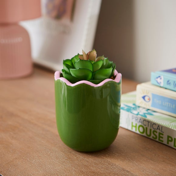 Artificial Succculent In Scalloped Ceramic Plant Pot