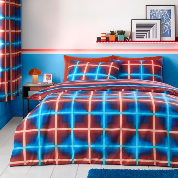 Red Blue Neon Checks Reversible Duvet Cover And Pillowcase Set