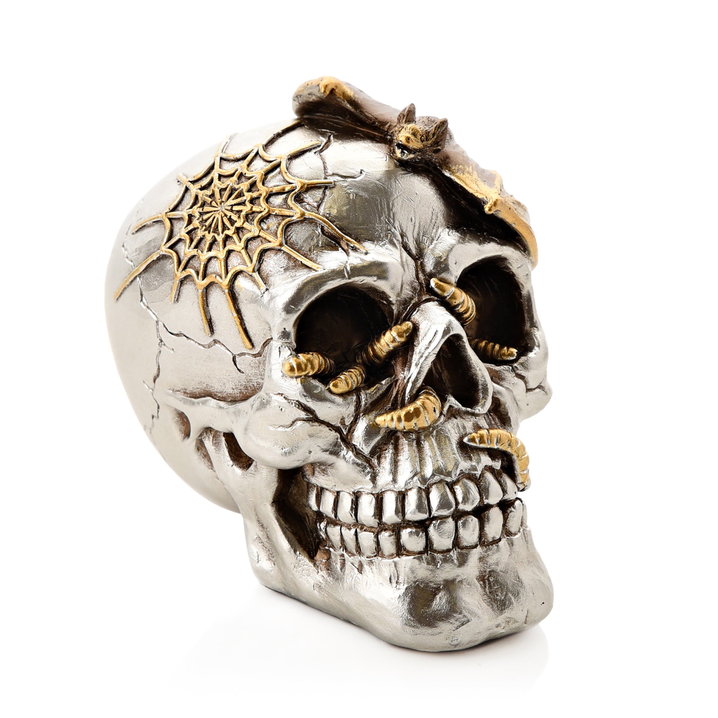 Skull With Bat Resin Ornament Silver