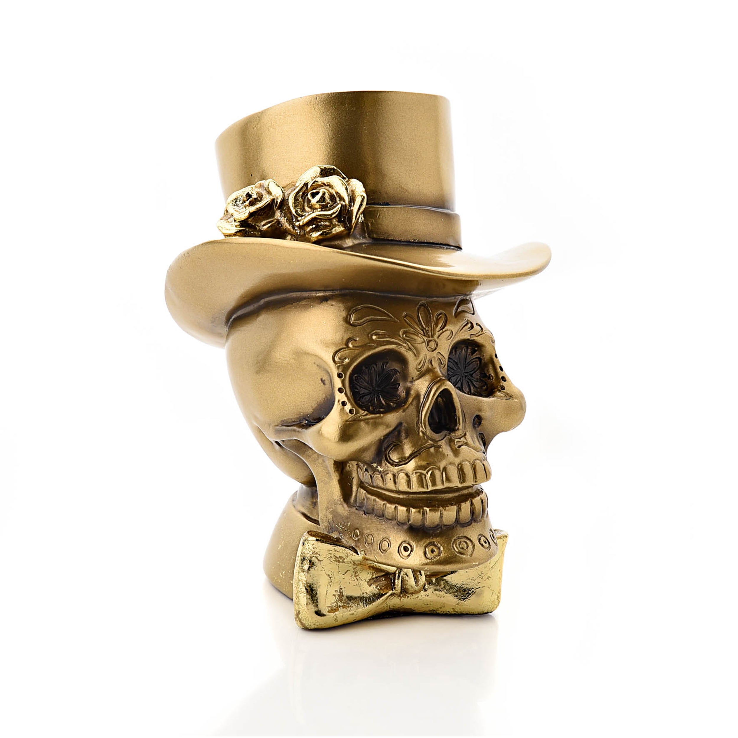 Gold Skull With Top Hat Resin Ornament Gold