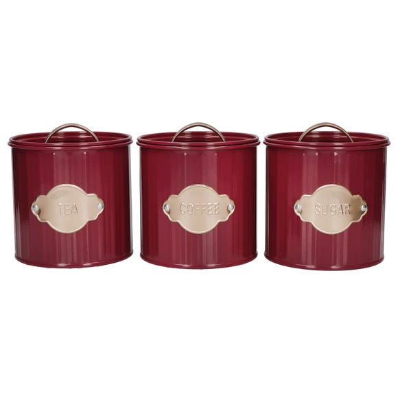 Set of 3 Burgundy Airtight Tea, Coffee and Sugar Canisters