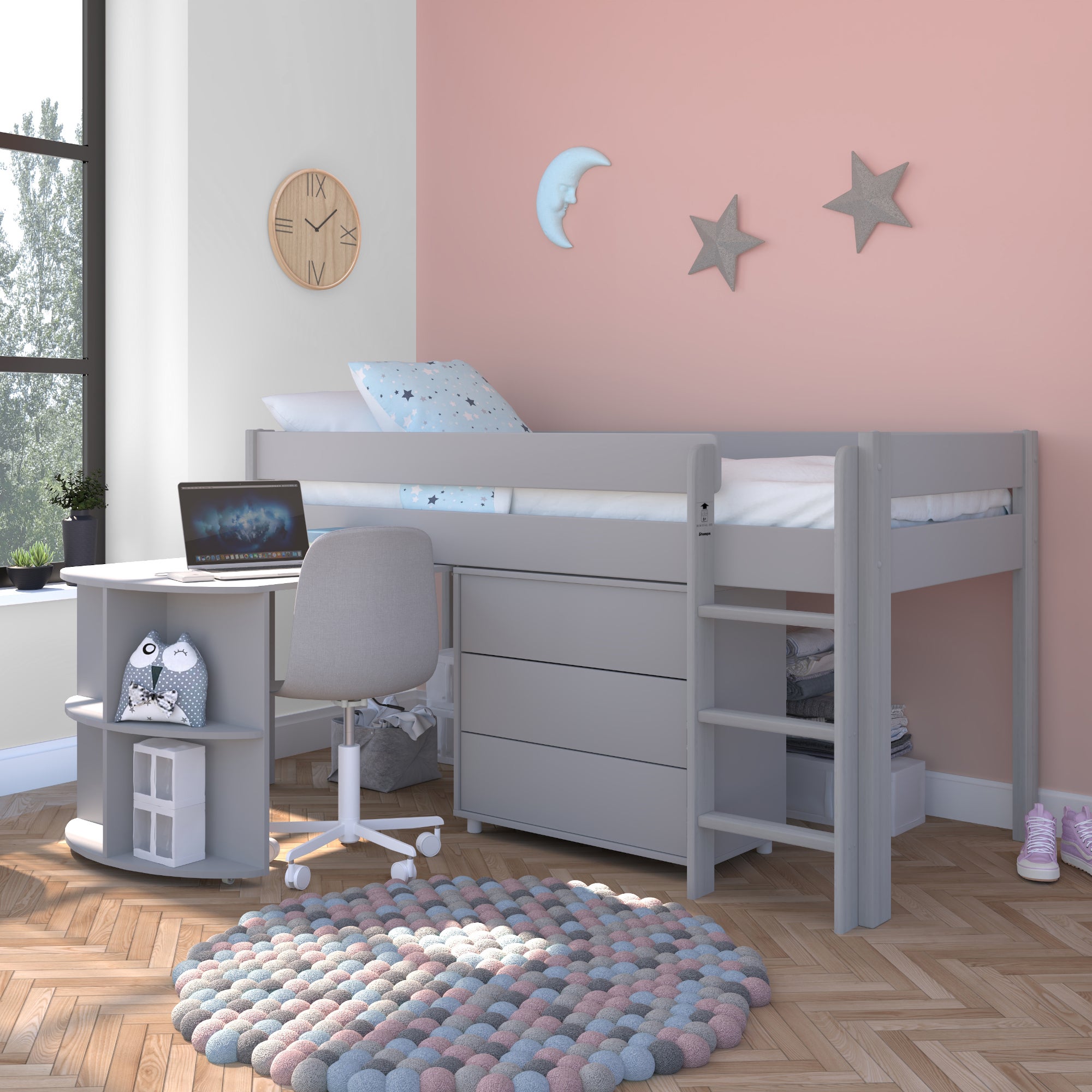 Stompa Uno Midsleeper With Pull Out Desk And Chest Of Drawers Pine Grey