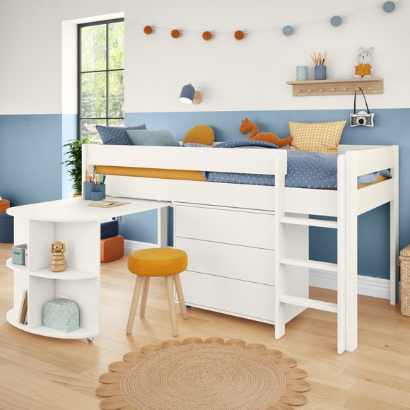 Stompa Uno Midsleeper With Pull Out Desk And Chest Of Drawers Pine White