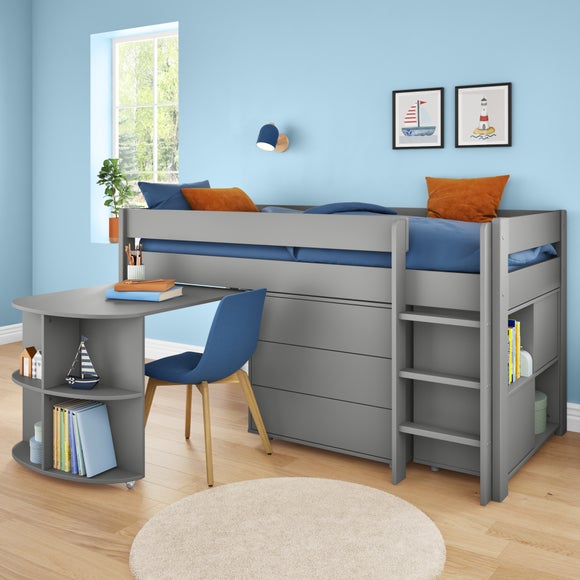 Stompa Uno Midsleeper With Pull Out Desk Chest Of Drawers And Cube Unit Pine Grey