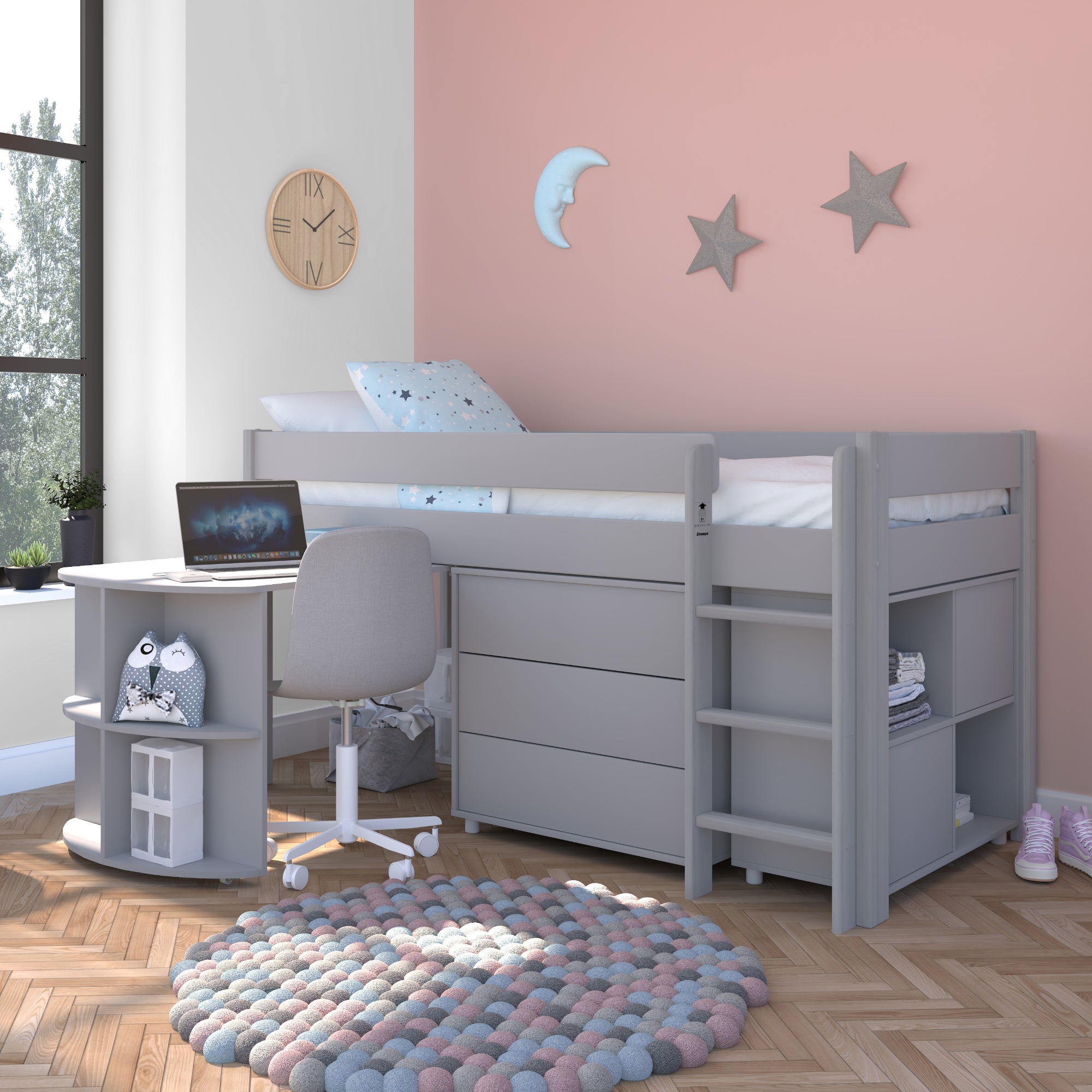 Stompa Uno Midsleeper With Pull Out Desk Chest Of Drawers And Cube Unit Pine Grey